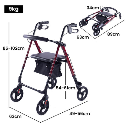 Red EQUIPMED 4-wheel lightweight rollator walker with aluminium frame, seat, and carry bag for seniors, by Hlpmedical.