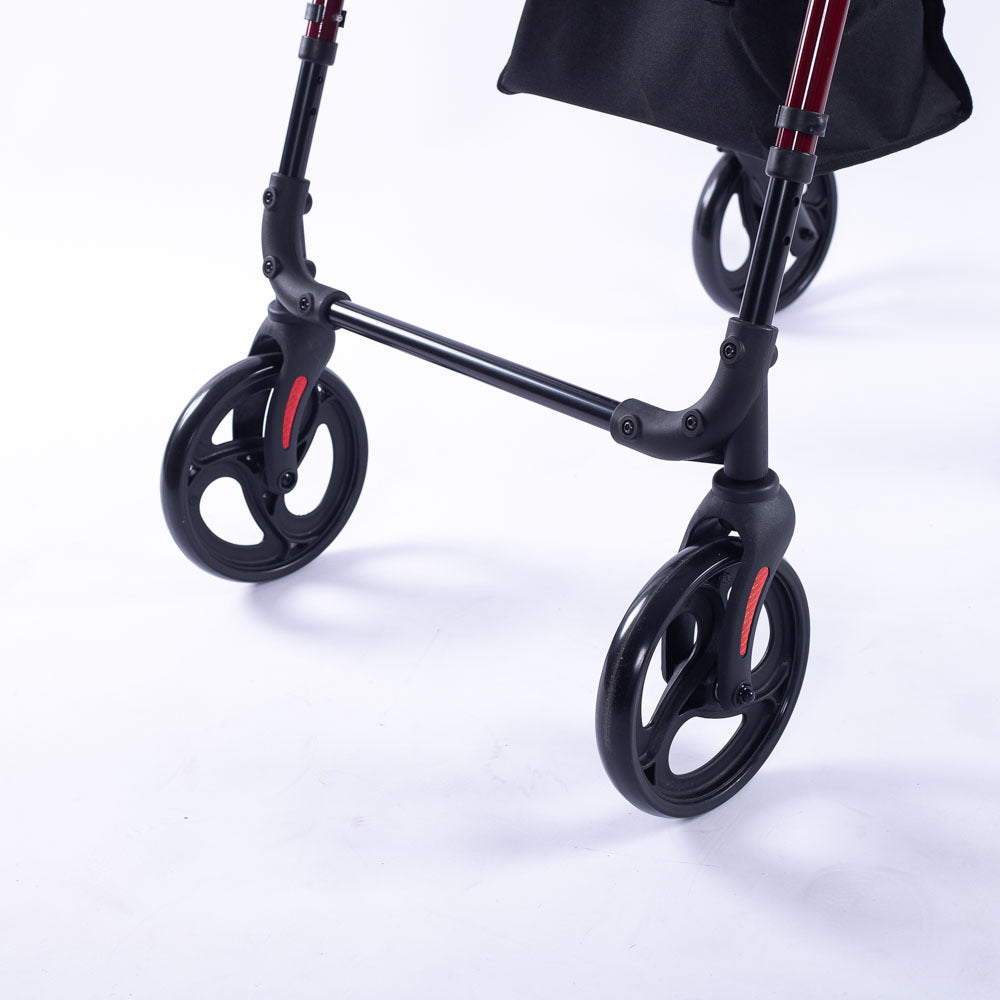 Red EQUIPMED 4-wheel lightweight rollator walker with aluminium frame, seat, and carry bag for seniors.