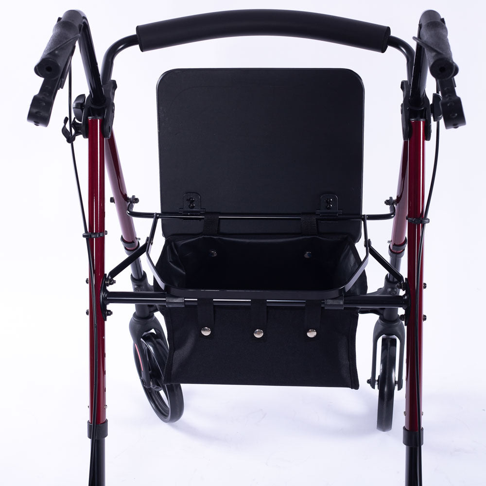 Red EQUIPMED 4-wheel lightweight rollator walker with aluminium frame, seat, and carry bag for seniors, Hlpmedical brand.