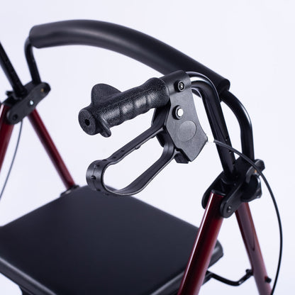 Red EQUIPMED 4-wheel lightweight rollator walker with aluminium frame, seat, and carry bag for seniors.