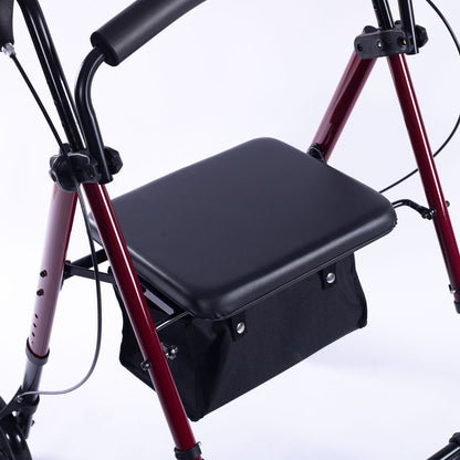Red EQUIPMED 4-wheel lightweight rollator walker with aluminum frame, seat, and carry bag for seniors.
