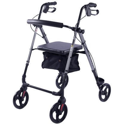 Hlpmedical EQUIPMED 4-wheel lightweight rollator walker with aluminium frame, seat, carry bag, designed for seniors in titanium style.