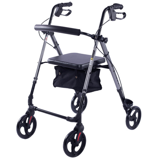 Hlpmedical EQUIPMED 4-wheel lightweight rollator walker with aluminium frame, seat, carry bag, designed for seniors in titanium style.