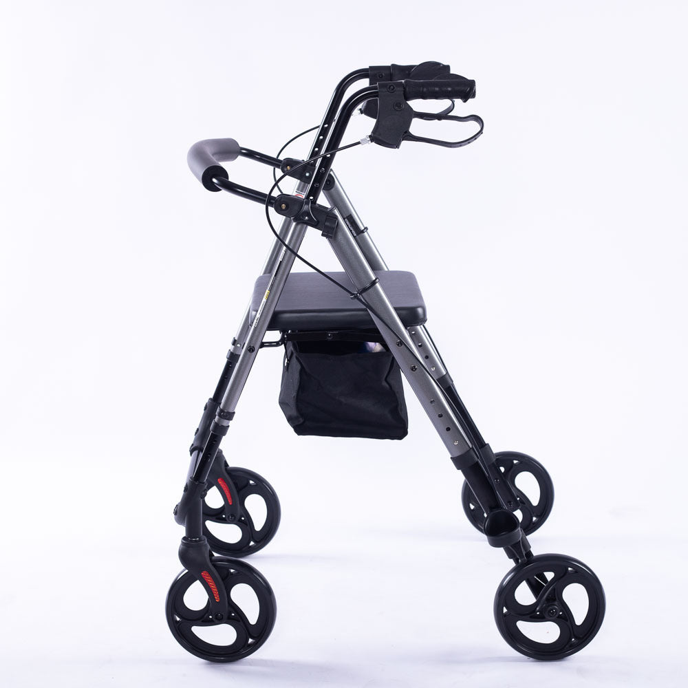 Hlpmedical EQUIPMED 4-wheel lightweight rollator walker with aluminium frame, seat, carry bag, designed for seniors, titanium style