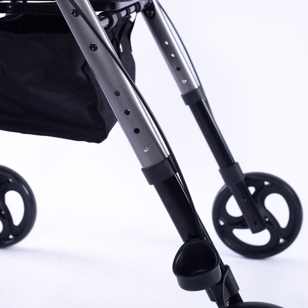 Hlpmedical EQUIPMED 4-wheel lightweight rollator walker with aluminum frame, seat, carry bag, designed for seniors in titanium style.
