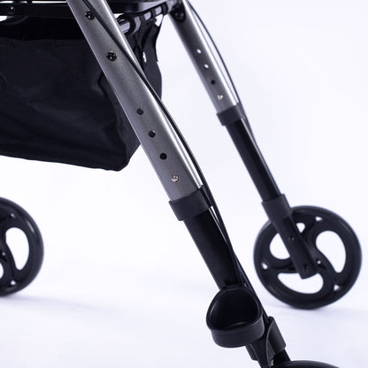 Hlpmedical EQUIPMED 4-wheel lightweight rollator walker with aluminum frame, seat, carry bag, designed for seniors in titanium style.