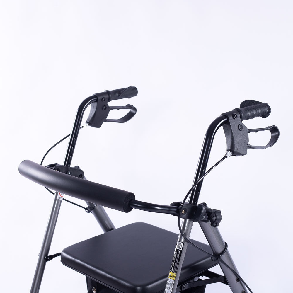 Lightweight EQUIPMED 4-wheel rollator walker with aluminium frame, seat, carry bag, designed for seniors in titanium style.
