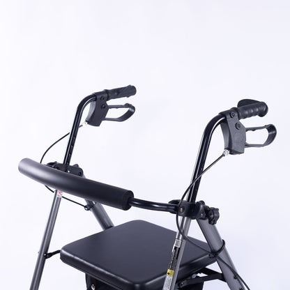 Lightweight EQUIPMED 4-wheel rollator walker with aluminium frame, seat, carry bag, designed for seniors in titanium style.