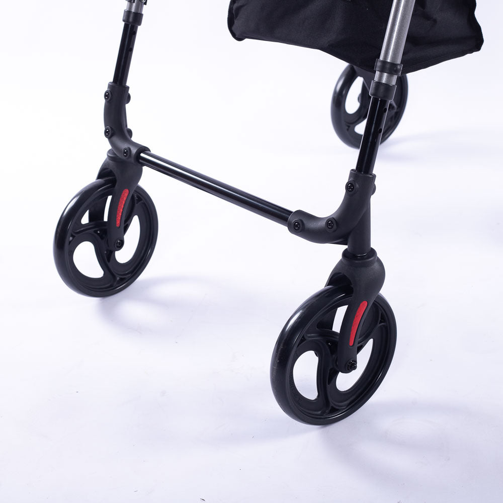 Hlpmedical EQUIPMED 4-wheel lightweight rollator walker with titanium-style aluminum frame, seat, and carry bag for seniors.