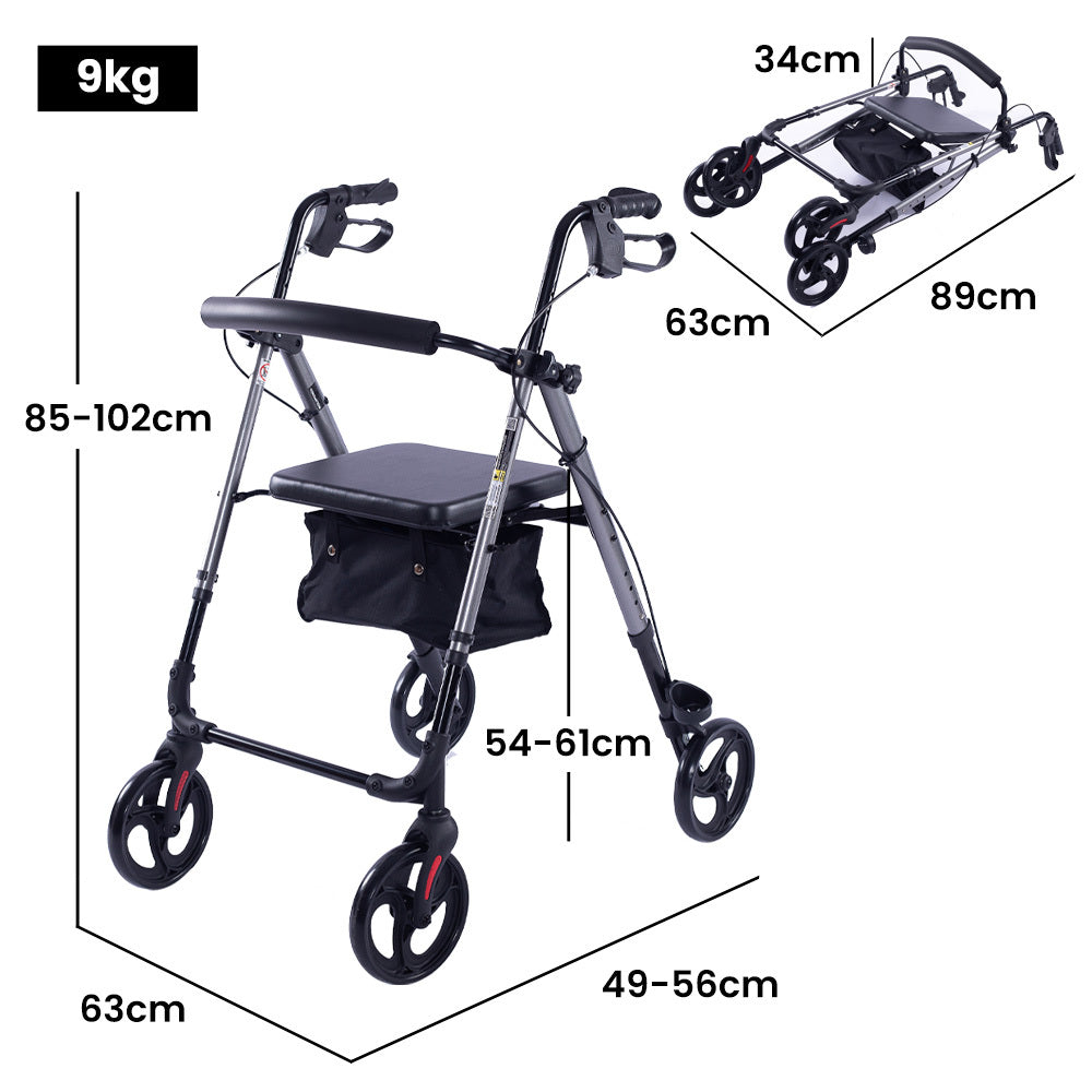 Lightweight EQUIPMED 4-wheel rollator walker with aluminum frame, seat, and carry bag, designed for seniors in a titanium style.