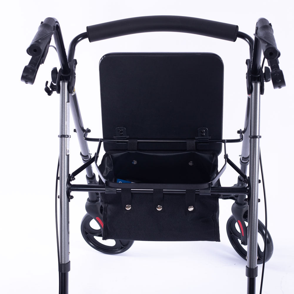 Hlpmedical EQUIPMED 4-wheel lightweight rollator walker with aluminium frame, seat, carry bag, designed for seniors in titanium style.