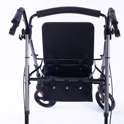 Hlpmedical EQUIPMED 4-wheel lightweight rollator walker with aluminium frame, seat, carry bag, designed for seniors in titanium style.