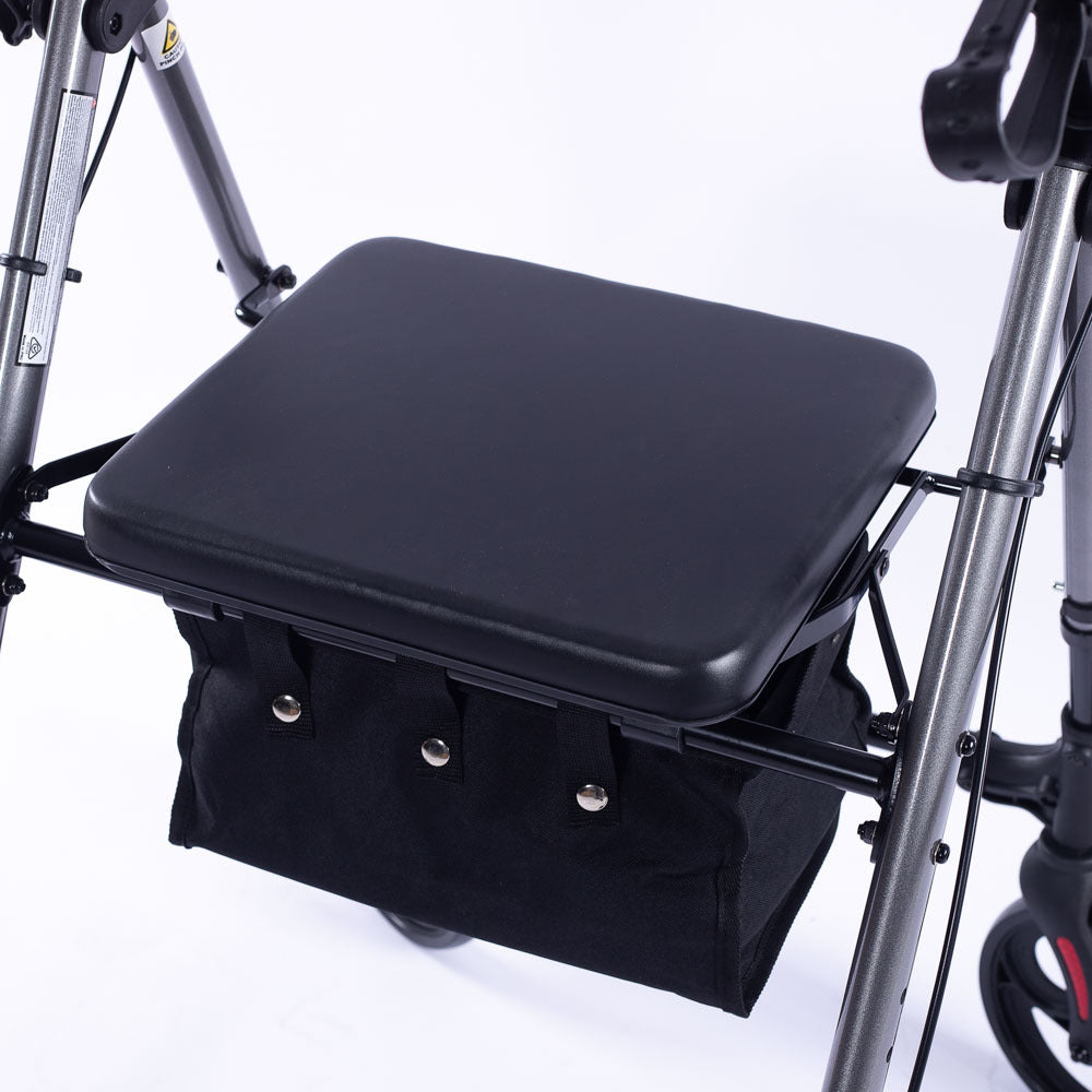 Hlpmedical EQUIPMED 4-wheel lightweight rollator walker with aluminium frame, seat, carry bag, designed for seniors in titanium style.