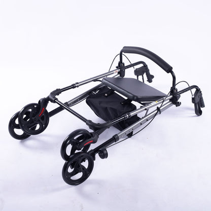 Hlpmedical EQUIPMED 4-wheel lightweight rollator walker with aluminium frame, seat, carry bag, designed for seniors in titanium style