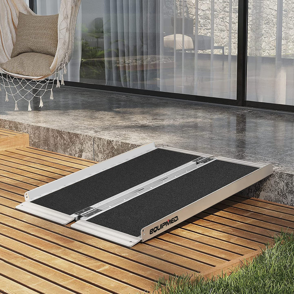 Hlpmedical EQUIPMED 91cm portable folding aluminum access ramp with black ultra-grip surface for wheelchair and mobility scooter use.