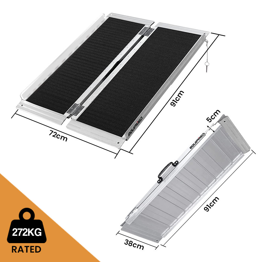 Hlpmedical EQUIPMED 91cm portable folding aluminium access ramp with black ultra-grip surface for wheelchair and mobility scooter use.