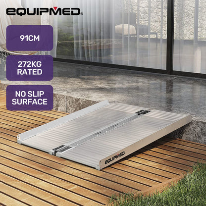 EQUIPMED 91cm portable folding aluminium access ramp for wheelchair, mobility scooter, and rollator with 272kg weight capacity.