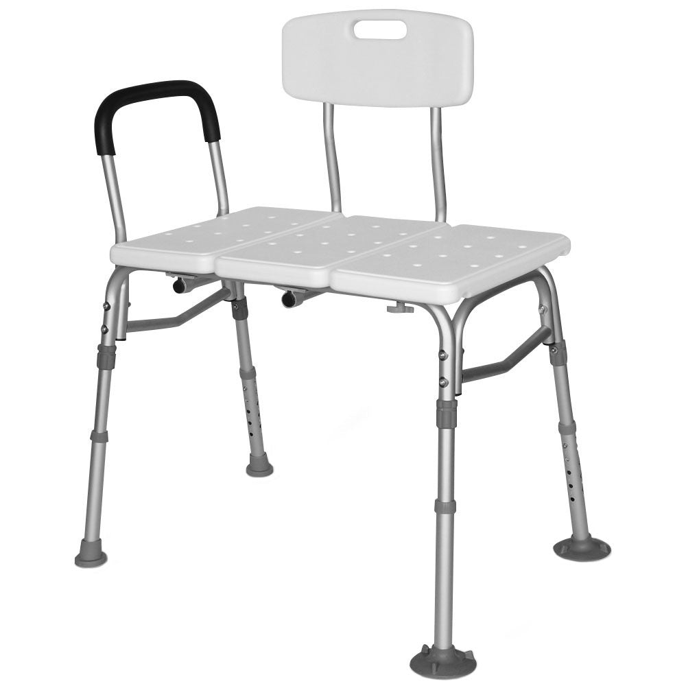 White Equipmed Bath Transfer Bench Chair for seniors, supports up to 125kg, designed for bathtubs and showers, easy to use.