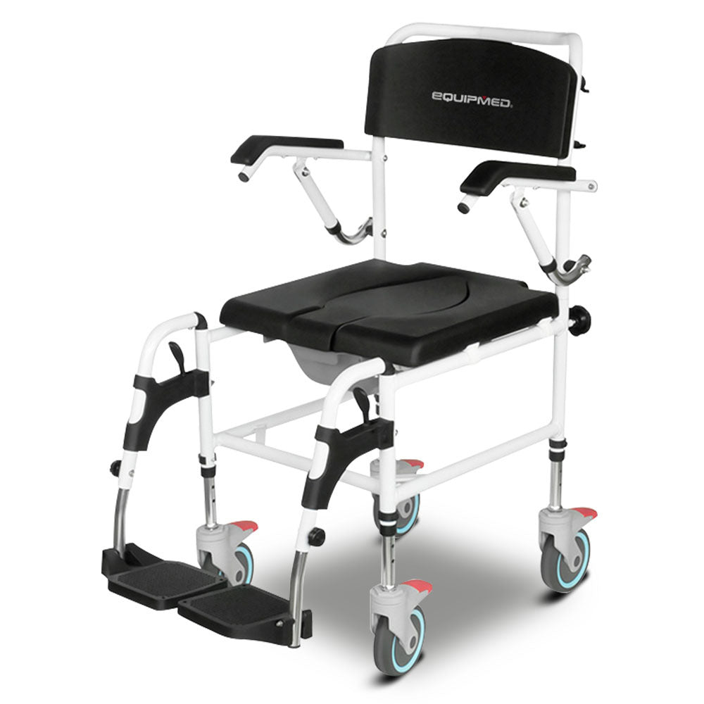 Equipmed Commode Shower Chair by Hlpmedical with black aluminium frame, wheels, over toilet or bedside use, supports up to 136kg.