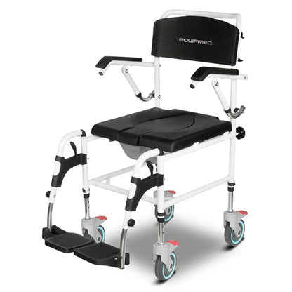 Equipmed Commode Shower Chair by Hlpmedical with black aluminium frame, wheels, over toilet or bedside use, supports up to 136kg.
