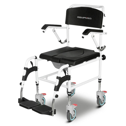 Equipmed Commode Shower Chair by Hlpmedical with black aluminium frame, wheels, over toilet or bedside use, supports up to 136kg.
