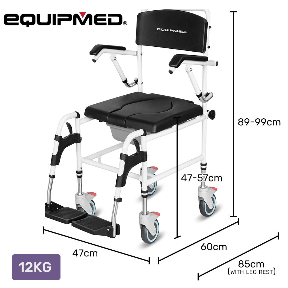 Equipmed Commode Shower Chair with wheels, black aluminium frame, suitable for over toilet or bedside use, supports up to 136kg.