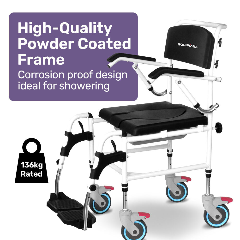 Black Equipmed Commode Shower Chair with wheels, aluminium frame, suitable for over toilet or bedside use, 136kg capacity, Hlpmedical.