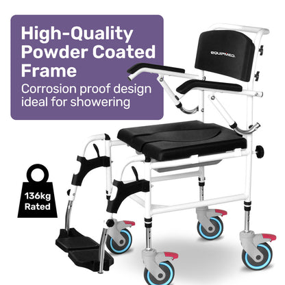 Black Equipmed Commode Shower Chair with wheels, aluminium frame, suitable for over toilet or bedside use, 136kg capacity, Hlpmedical.