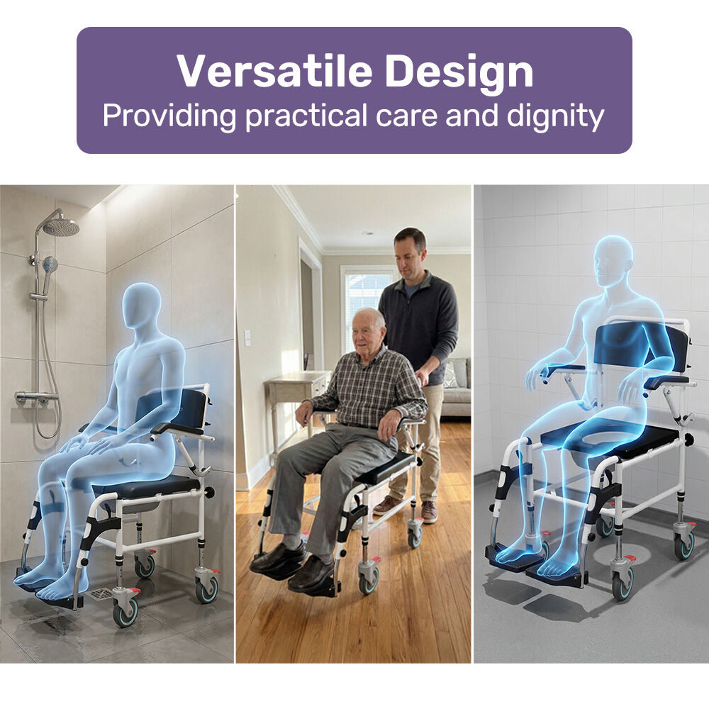 Black Equipmed Commode Shower Chair with wheels, aluminum frame, suitable for over toilet or bedside use, supports up to 136kg.