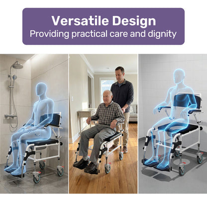 Black Equipmed Commode Shower Chair with wheels, aluminum frame, suitable for over toilet or bedside use, supports up to 136kg.