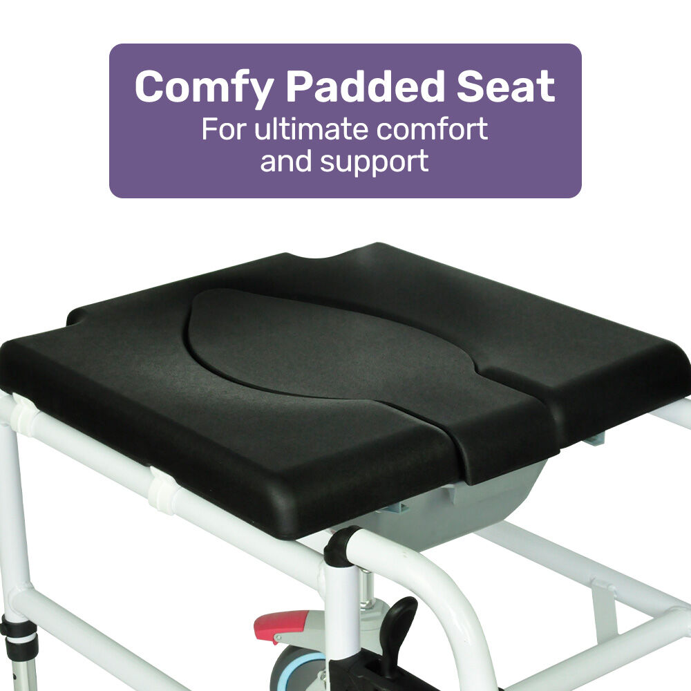 Black Equipmed Commode Shower Chair with wheels, aluminium frame, for over toilet or bedside use, supports up to 136kg.