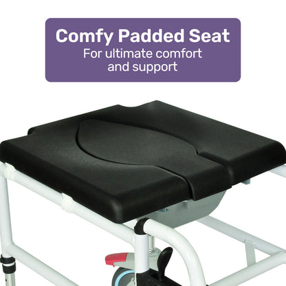 Black Equipmed Commode Shower Chair with wheels, aluminium frame, for over toilet or bedside use, supports up to 136kg.