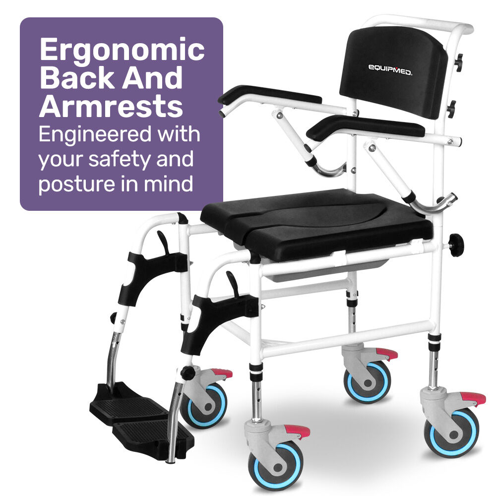 Equipmed Commode Shower Chair by Hlpmedical with black aluminium frame, wheels, over toilet or bedside use, 136kg capacity.