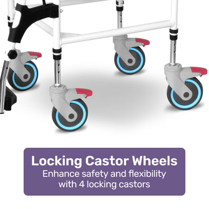 Black Equipmed Commode Shower Chair with wheels, aluminium frame, suitable for over toilet or bedside use, 136kg capacity.