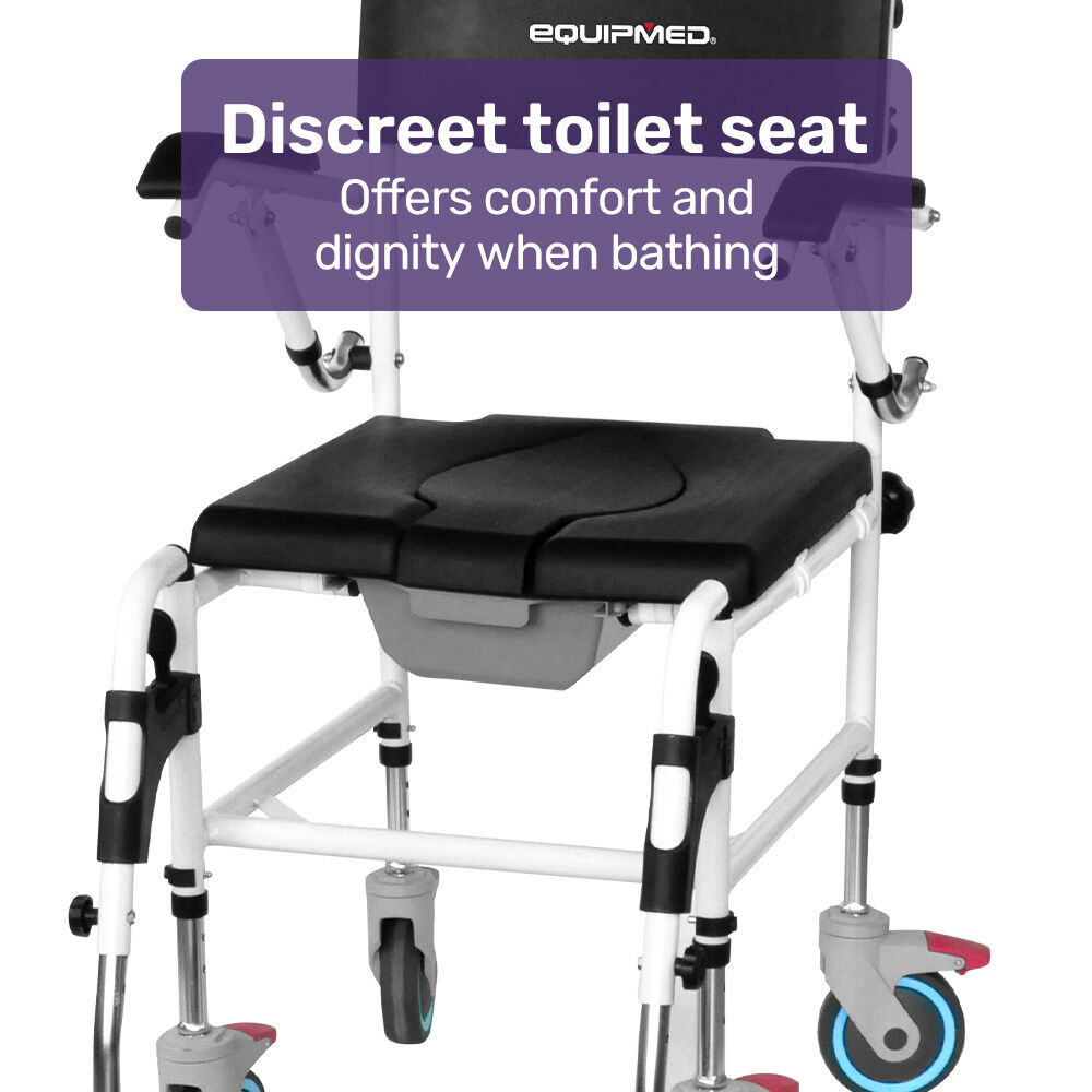 Black Equipmed commode shower chair with wheels, aluminum frame, over toilet or bedside, 136kg capacity, for mobility and accessibility.