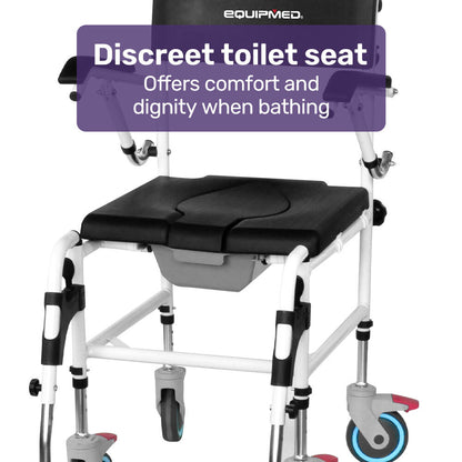Black Equipmed commode shower chair with wheels, aluminum frame, over toilet or bedside, 136kg capacity, for mobility and accessibility.