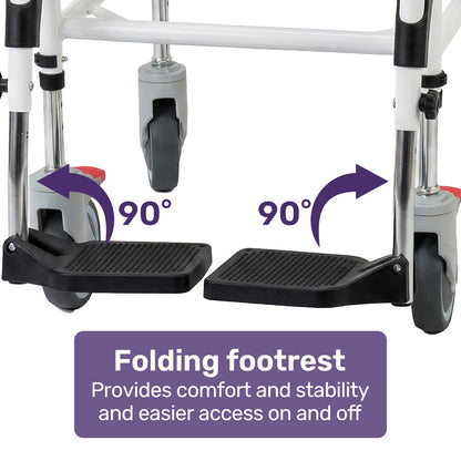 Equipmed Commode Shower Chair with black aluminium frame, wheels, over toilet or bedside use, 136kg capacity, by Hlpmedical.