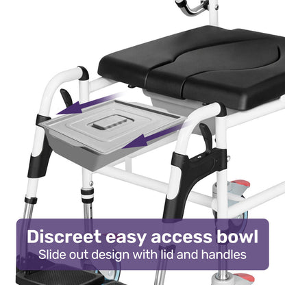 Equipmed Commode Shower Chair with black aluminium frame, wheels, over toilet or bedside use, supports up to 136kg for mobility.
