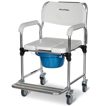 Equipmed Commode Shower Chair with wheels, white and blue, sturdy aluminium frame, suitable for over toilet or bedside use.