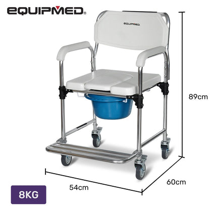 Equipmed Commode Shower Chair with wheels, white and blue aluminum frame, over toilet or bedside, supports up to 136kg.