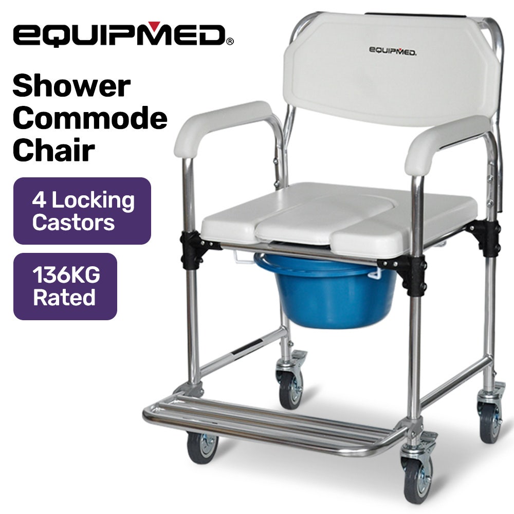 Equipmed Commode Shower Chair with aluminium frame, wheels, white and blue color, suitable for over toilet or bedside use.
