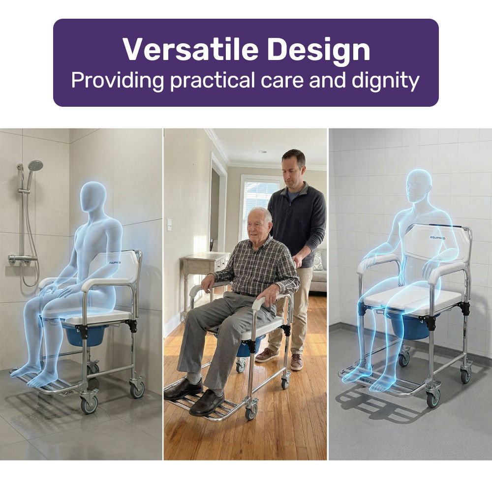 Equipmed Commode Shower Chair with aluminium frame, wheels, white and blue color, suitable for over toilet or bedside use, 136kg capacity.