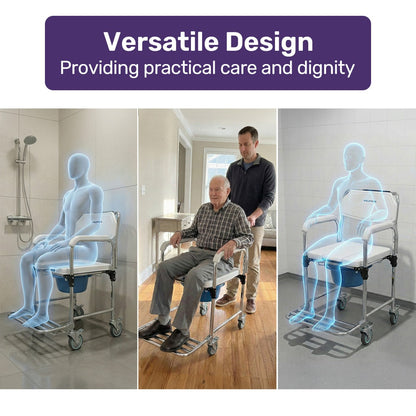 Equipmed Commode Shower Chair with aluminium frame, wheels, white and blue color, suitable for over toilet or bedside use, 136kg capacity.