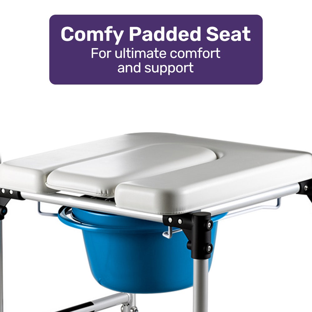 Equipmed Commode Shower Chair with wheels, white and blue, sturdy aluminium frame, suitable for over toilet or bedside use.