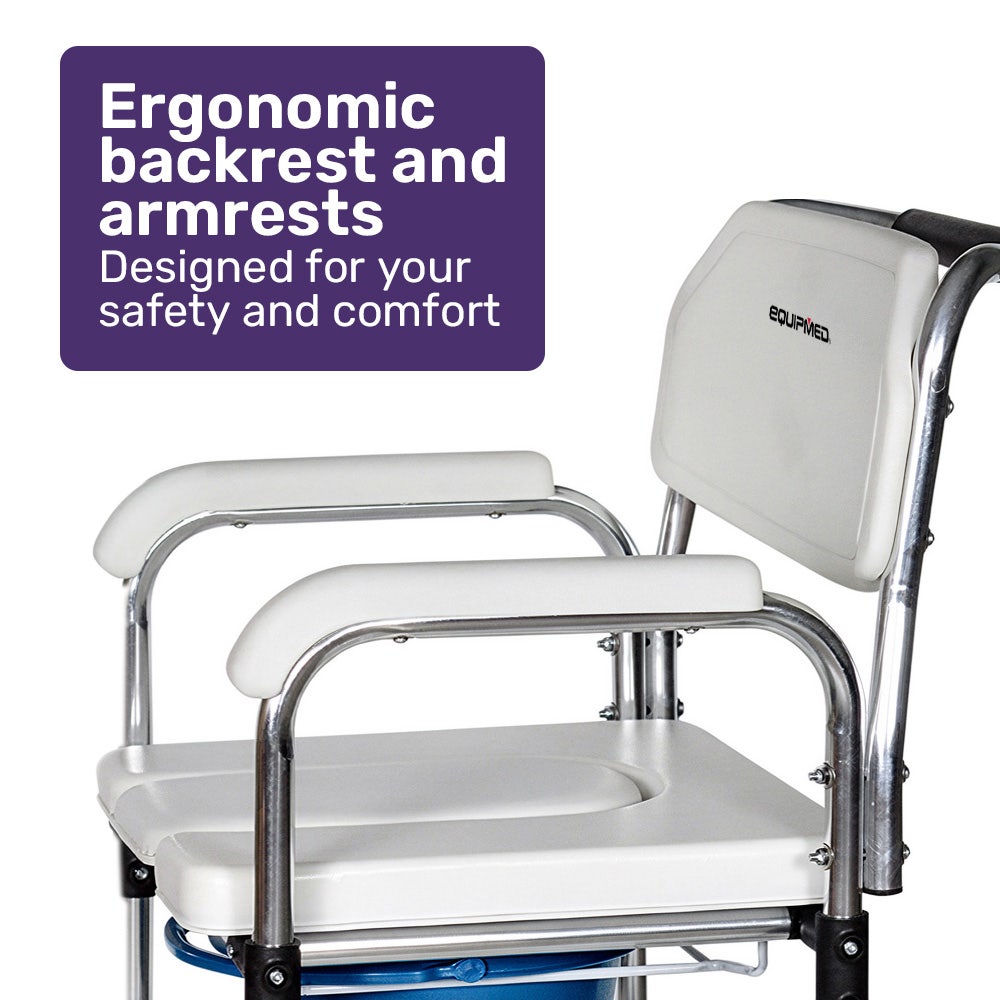 Equipmed Commode Shower Chair with aluminium frame, wheels, white and blue, designed for over toilet or bedside use, 136kg capacity.