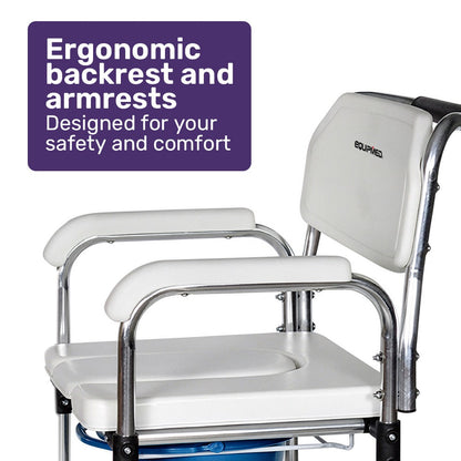 Equipmed Commode Shower Chair with aluminium frame, wheels, white and blue, designed for over toilet or bedside use, 136kg capacity.