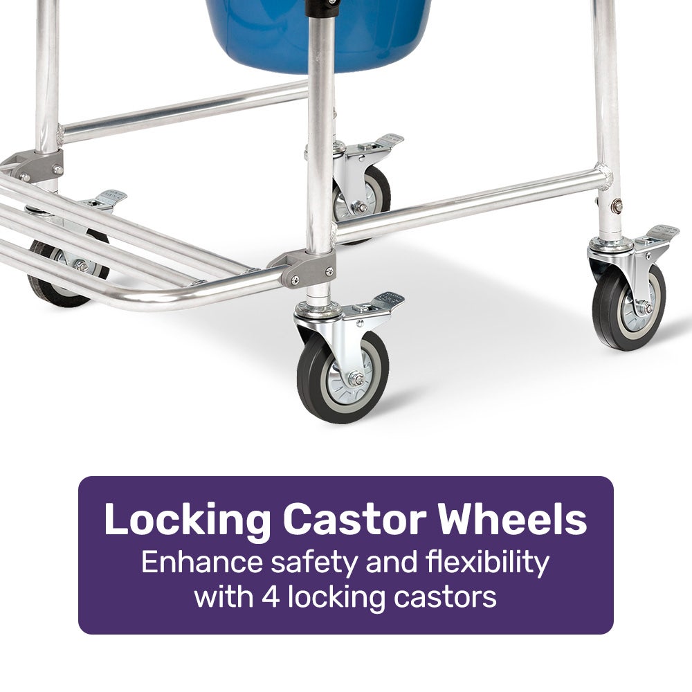 Equipmed Commode Shower Chair with aluminum frame, wheels, white and blue, suitable for over toilet or bedside use, supports 136kg.