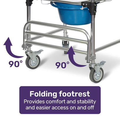 Equipmed Commode Shower Chair with wheels, white and blue, lightweight aluminum frame, suitable for over toilet or bedside use.