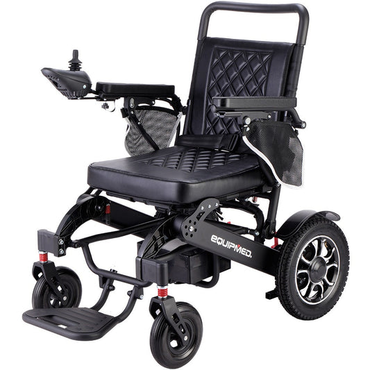 Hlpmedical EQUIPMED electric folding wheelchair with black aluminium frame and lithium battery, airline approved, long-range mobility aid.