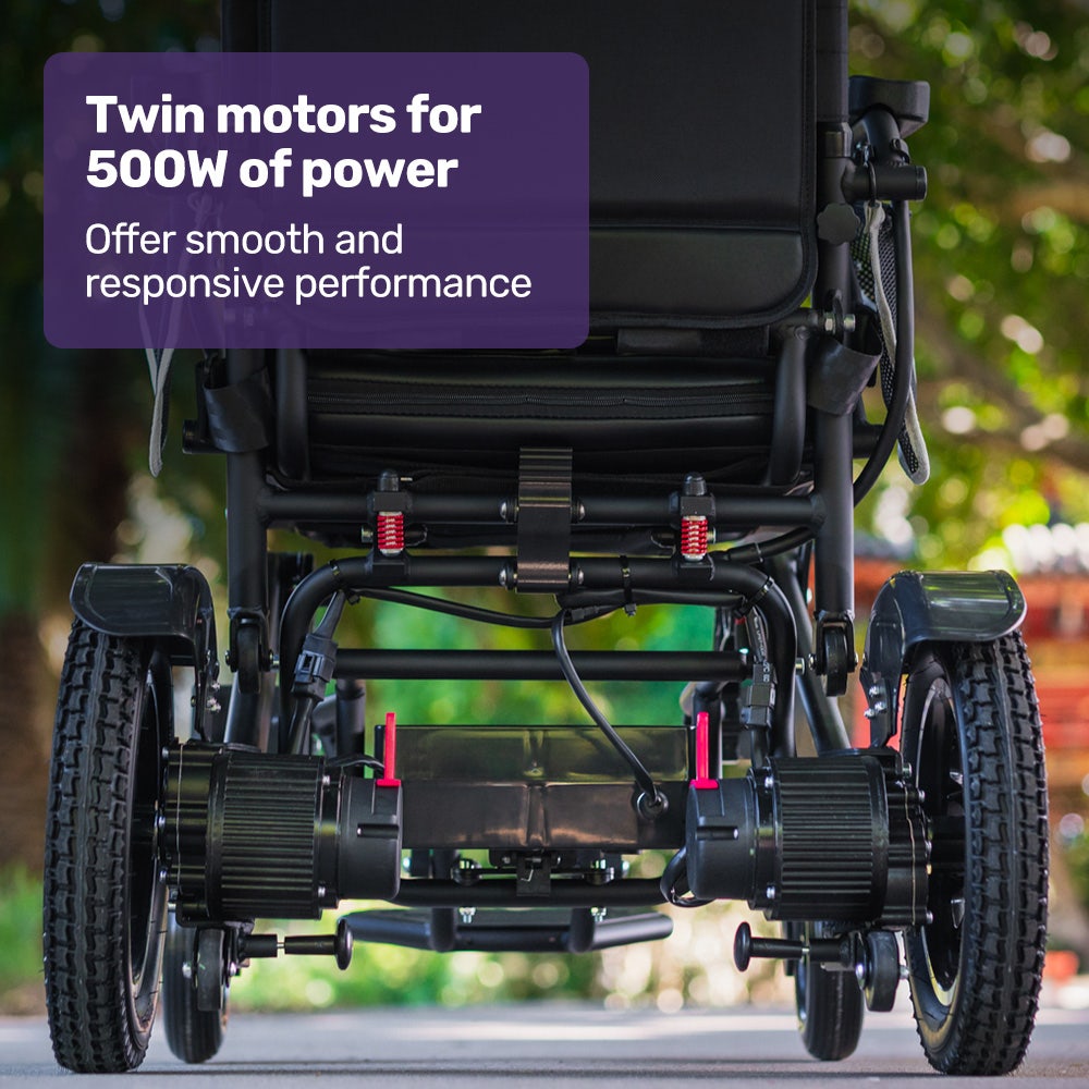 Hlpmedical EQUIPMED electric folding wheelchair with black aluminium frame, lithium battery, designed for long-range travel and airline approval.
